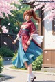 A woman in traditional attire holds a sword, standing amidst cherry blossoms.