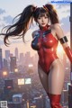A woman in a red bodysuit standing on top of a building.