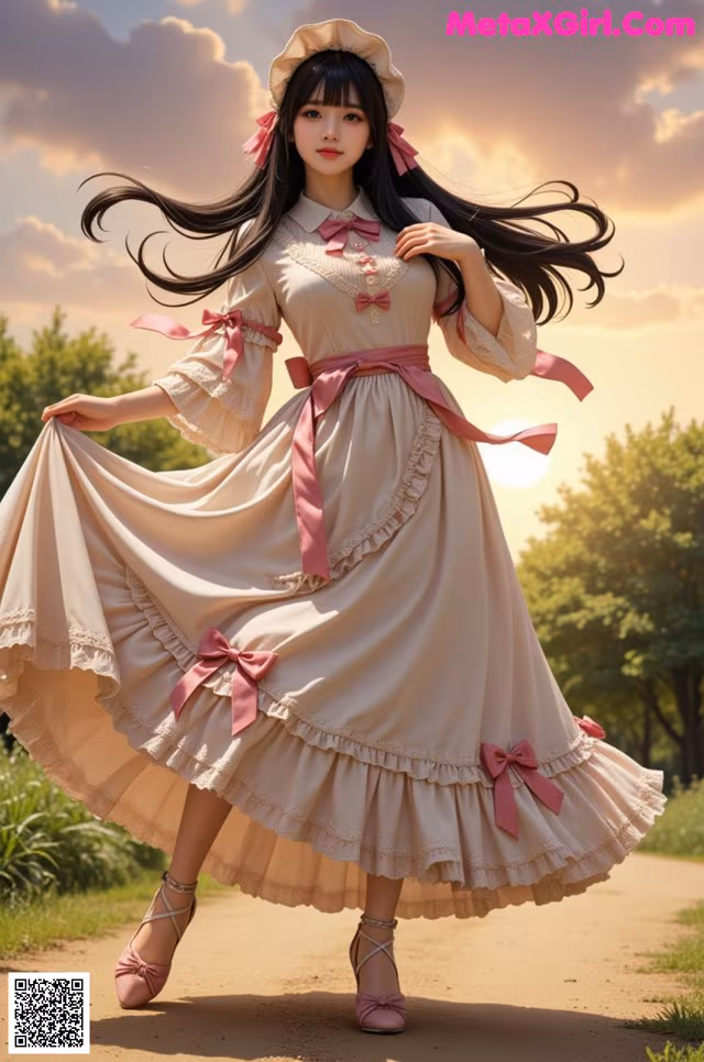 A woman in a dress and hat is walking down a dirt road.