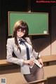 A woman in a school uniform standing in front of a blackboard.