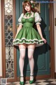 a woman in a green dress and white stockings posing for a picture